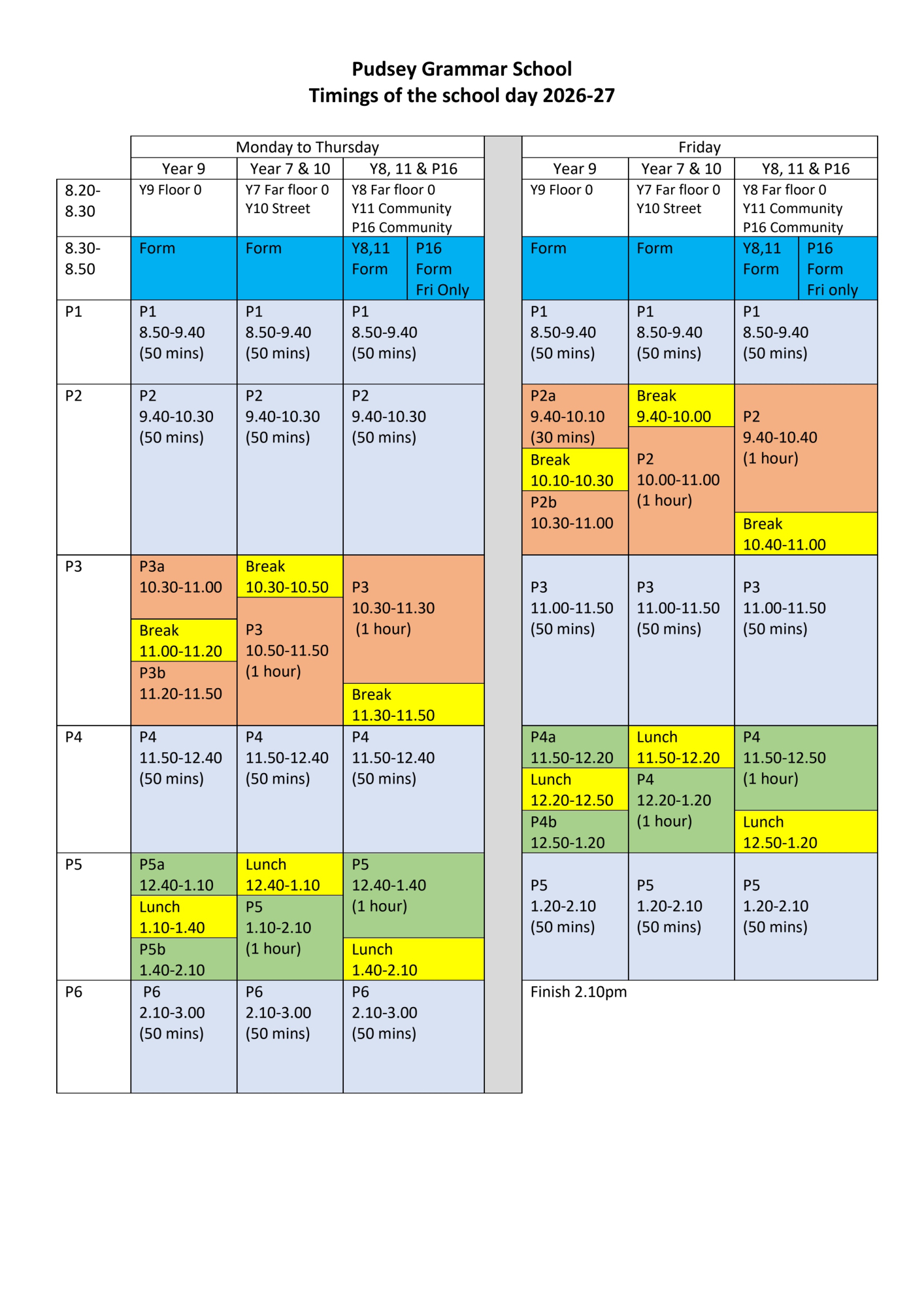 Timings of the school day 2026-27